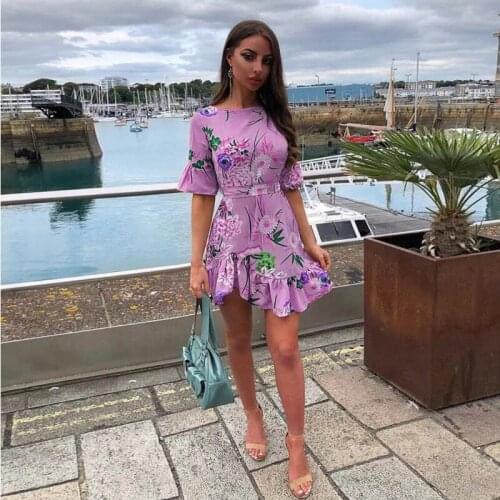 Khaki blue purple hem ruffle mini floral dress Women sexy oneck flare sleeve mini A-line dress with sashes vestidos de verano