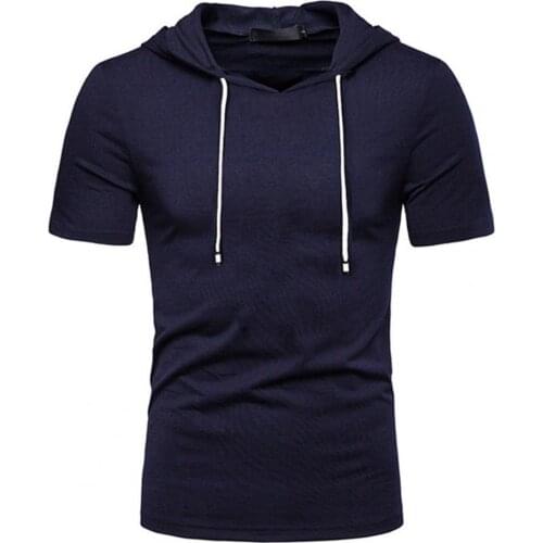Men Short Sleeve Solid Color Skin-friendly Hooded Drawstring T-shirt Pullover Tee Shirt for Daily Wear