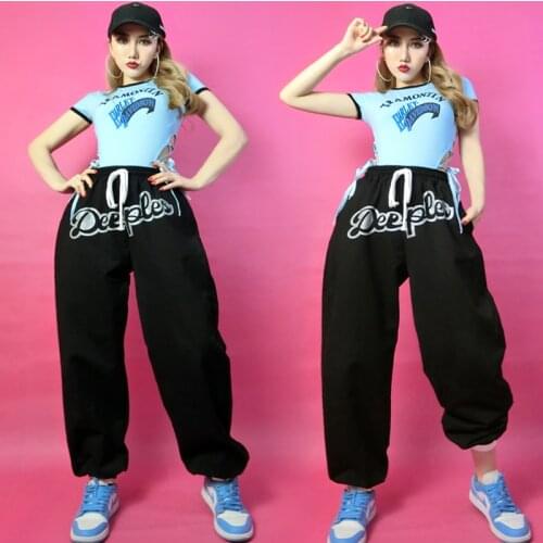 New Nightclub Gogo Dance Costume Blue Bandage Bodysuit Black Pants For Women Sport Casual Hip Hop Jazz Show Dj Clothing DNV15188