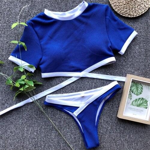 Solid Swimsuits Womens 2019 Newest Short sleeve Bathing Padded Bra Thong Low waist Beachwear bandage Two-piece Sportwear female