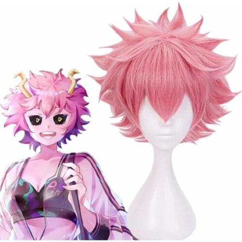 Anime My Hero Academia Boku No Hiro Ashido Mina Cosplay Wig Heat Resistant Synthetic Pink Short Pink Wig with Headwear Halloween