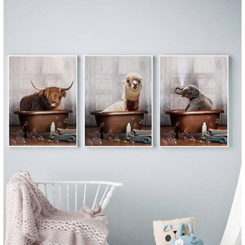 Animal in Bathtub Poster Print Highland Cow Bear Alpaca Elephant Canvas Painting Kid Room Decor Nursery Wall Art Nordic Pictures