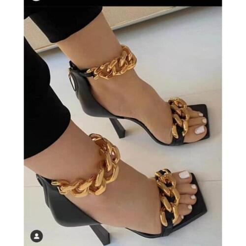 New Sandals Women 2021 Thin High Heels Square Head With Metal Chain Sandales Female Fashion Party Shoes Summer Shoes For Woman
