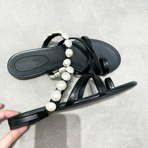 Kmeioo summer leisure shoes woman outside flat slides pearl slippers casual open toe sandals slip-on basic shoe for women