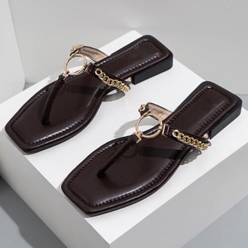 New summer women heels slides square toe fashion chain decoration square heels slippers for ladies