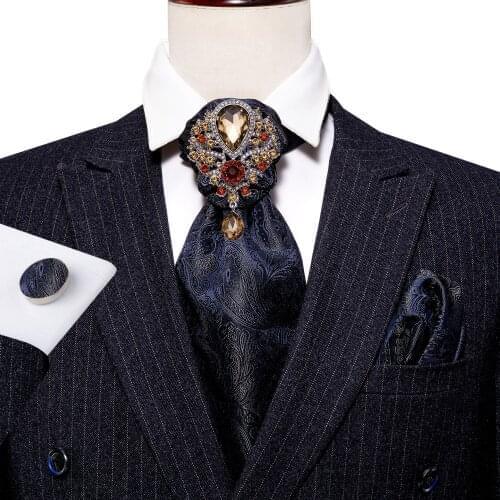 Blue Silk Men Cravat Ascot Tie Handky Cufflinks Set Rhinestone Brooch British Style Formal Gentlemen Wedding Party Barry.Wang