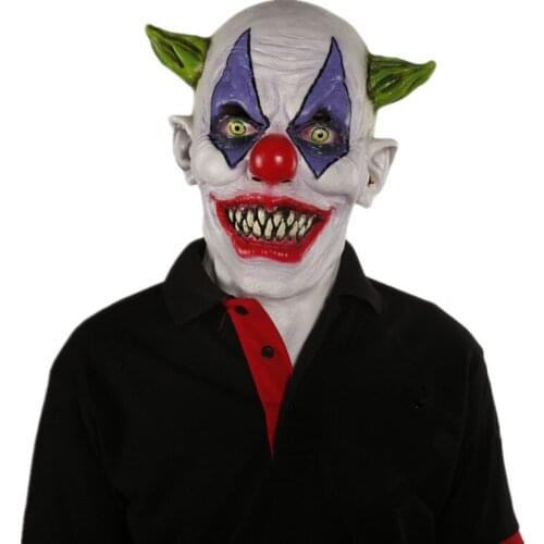 Clown Mask Grin Creepy Green Double Horns Demon Latex Headgear Halloween Terror Party Cosplay Costume Accessory