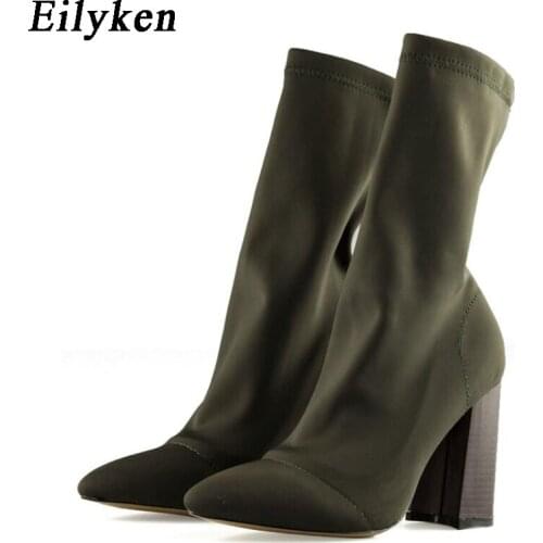 Eilyken Fashion Elastic Sock Ankle Boots Chunky High Heels Stretch Women Autumn Sexy Booties Pointed Toe Women Pumps Boots