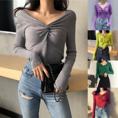 Women Long Sleeve V Neck Chest Knot Slim Knitwear Blouse Winter Base T-shirt