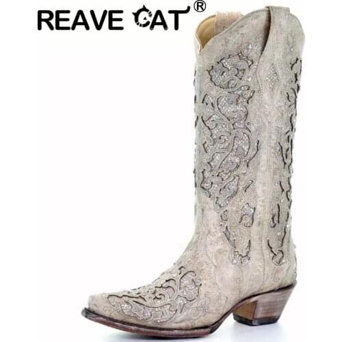 REAVE CAT 2021 Fashion Knee High Mid Calf Boots Shiny Pointed Toe Crystal Design Soft Party Strange Round Heel US12 White A4368
