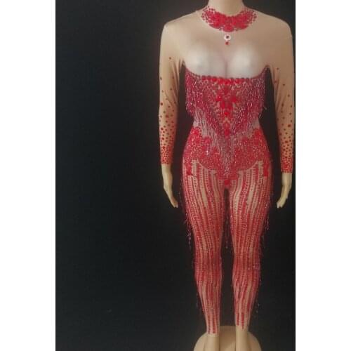 Women Rhinestones Skinny Jumpsuit Long Tassels Elastic Leotard Birthday Prom Crystal Stage Outfits Nightclub Bar Singer Costume