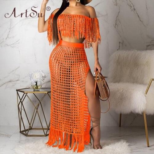 ArtSu Tassel Fishnet Mesh Summer Beach Women Two Piece Set Hollow Out Sexy Off Shoulder Crop Top And Split Long Skirt Boho Suits