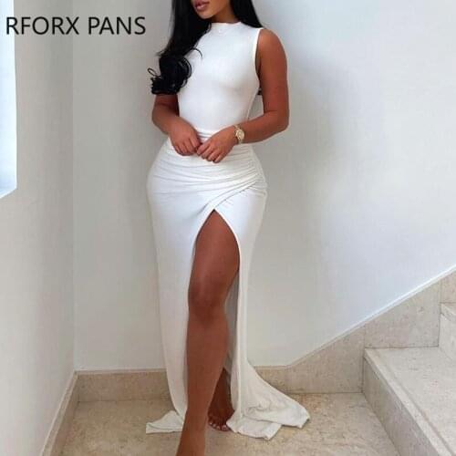 Women Soild Ruched Skinny High Slit Maxi Dress Party Sexy Dress