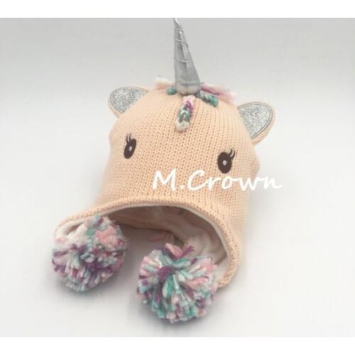 2020 Winter Big Eyes Kids Girls Flicker Ears And Colourful Pompoms Knit Beanie Hat