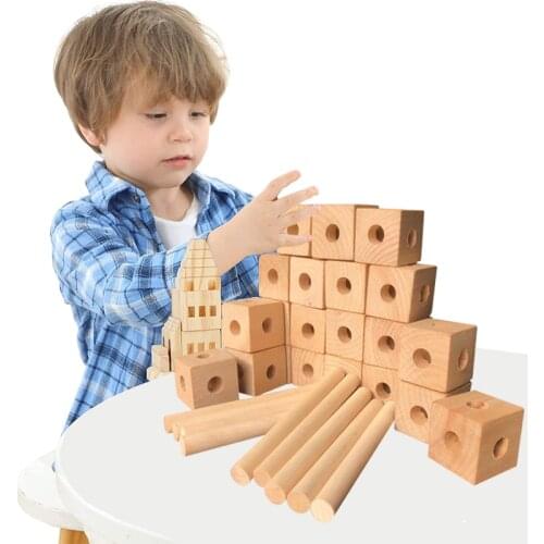 3cm cube&10cm stick combination building construction solid wood building block toys for children to develop brain intelligence