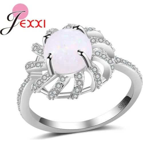 Classic Round Shape White Opal Prong Setting Real Luxurious 925 Sterling Silver Women Wedding Rings Jewelry With Crystals