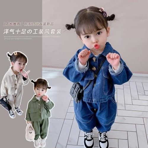 Children Clothing Set 2021 Spring New Kids Girl Cargo Denim Suit Solid Color Jeans Coat+Pant Casual 2pc Outfit Clothes 1-7T