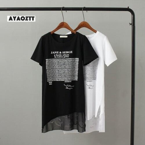 AYAOZTT Summer Long T shirt Women Letter Black White T-shirt Sexy Short Sleeve Thin Women Cotton Tops Tees Female Tshirt