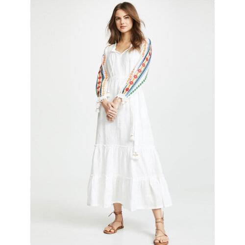 Summer new styles of ethnic style embroidered white loose long dress Bohemian tourism v-neck holiday island beach dress