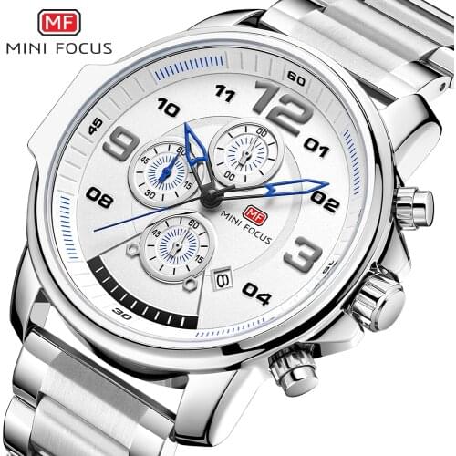 MINIFOCUS Fashion Men Watches Luxury Brand Business Silver Stainless Steel Mens Quartz Watch Chronograph Sport Wristwatch Mens