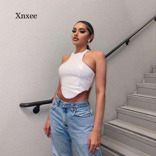 Fashion Sleeveless Crocodile Pu Leather Halter Crop Tops for Women Club Party Backless Sexy Top Cropped Streetwear Tank Vests