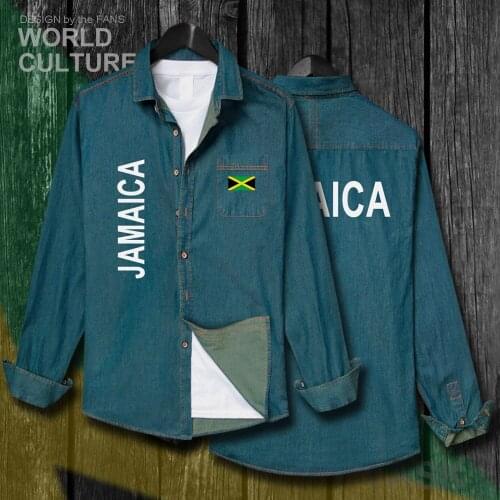 Jamaica JAM Jamaican Men Flags tops Autumn Cotton Turn-down Collar Jeans Shirt Long Sleeve fashion Cowboy Coat Casual Clothes