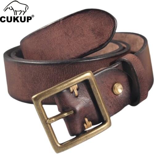 CUKUP Top Quality Solid Mens Solid Cowhide Leather Belts Brass Pin Buckle Metal Belt for Men Jeans Accessories 3.8cm Wide NCK101
