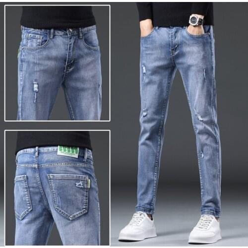 Jeans mens summer ultra-thin models 2021 Slim feet trend Slim casual tide brand summer mens trousers