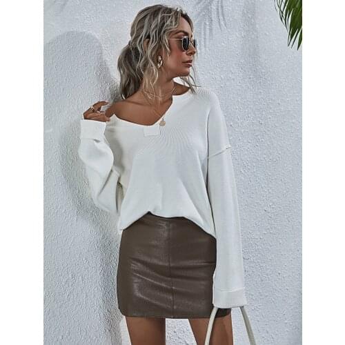 H80&S90 New Boho Winter Women Sweaters Reverse Line Vintage Pullover Ladies' Knitwear Jumper V-Neck Roll Sleeve Solid Knit Tops