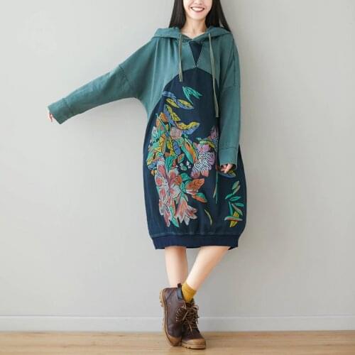 Print Floral Long Hoodies Dress Women Hooded Sweatshirts Pullover Oversize Coat Batwing Sleeve Vintage Japan 2020 Spring Autumn