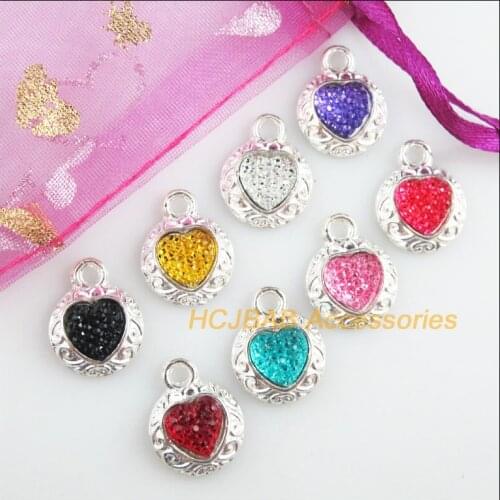 16 New Flower Charms Silver Plated Retro Heart Mixed Resin Pendants 13x16mm