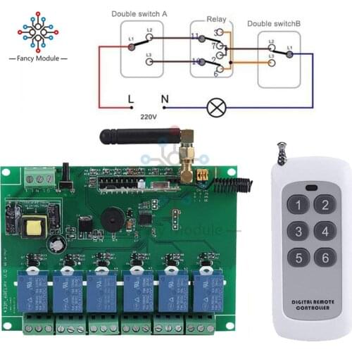 110-240V 6 Channel RF Receiver 433MHz Control Switch Relay Module Board with Antenna Remote Controller for Home Improvement
