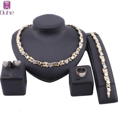 Luxury Women Wedding Heart Crystal Jewelry Sets Big Chunky Necklace Earrings Ring Bracelet Bridal Dubai Gold Jewelry Set
