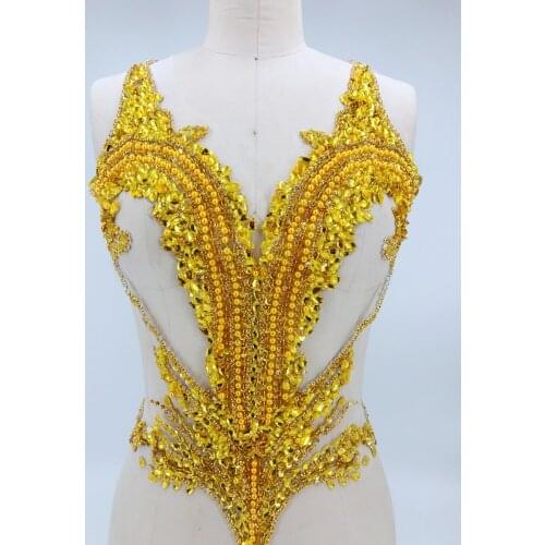 Handmade golden sew on rhinestones applique on mesh crystals trim patches 56*44cm for dress DIY accessories