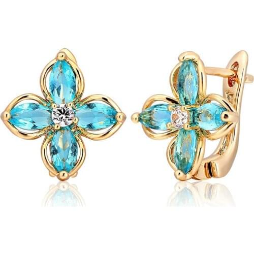 Marquise Cut Light Blue CZ Flower Four Petal Clover Loop Huggies Hoop Earrings for Women Girls Yellow Gold Color Jewelry Aros