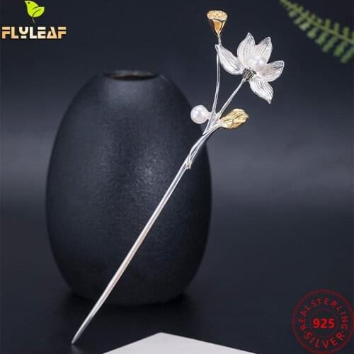 925 Sterling Silver Pearls Lotus Hair Sticks Original Chinese Retro Style Hairpin Handmade Fine Jewelry Hanfu Accessories