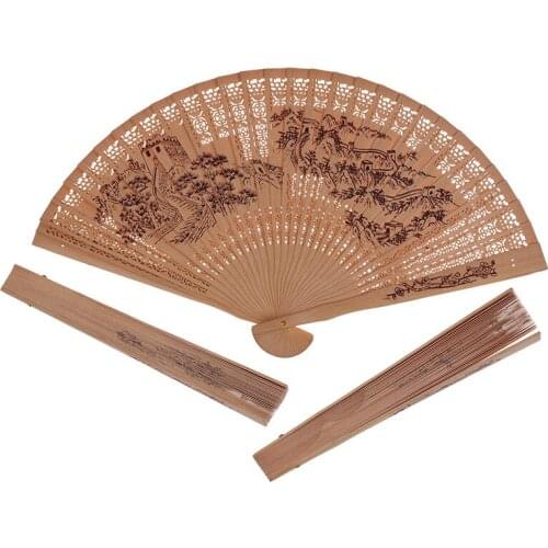 Chinese Folding Fan Incense Wood Hand-cranked Fan Sandalwood Hollow Hand-held Fan Wood Carving Printing Decorative Craft Fan