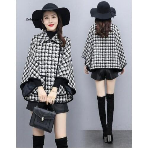 Vintage Chic Black White Plaid Houndstooth Cloak Coats Women Casual Turtleneck Poncho Long Sleeve Loose Lace-Up Cape Overcoat