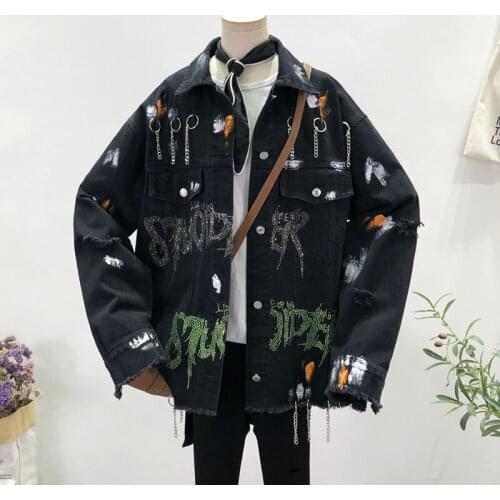 Fashion Diamond Letter Denim Coat Women Clothes Spring New Harajuku Streetwear Loose Chain Hole Jeans Jacket Ladies Tide G1014