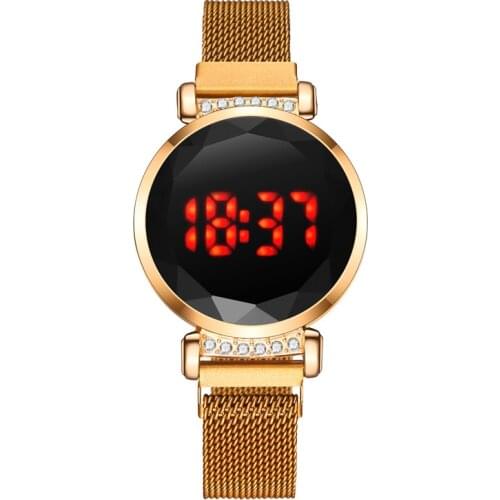 Fashionista Ladies Mesh Band Womens Watches Touch Screen LED Night-Glow Student Magnet Digital Wristwatches