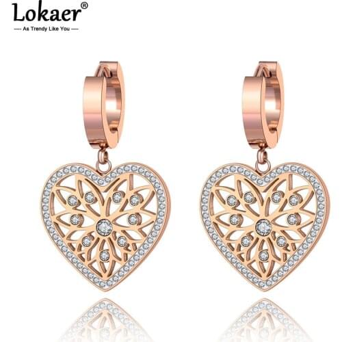 Lokaer Original Design Stainless Steel Love Heart Flower Earrings Jewelry Trendy CZ Crystal Hoop Earrings For Women Girls E19268