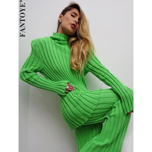 Fantoye Knitted Turtleneck Striped Women Two Piece Set Green Long Sleeve Top Loose Pant Ladies Autumn Fashion Evening Party Sets