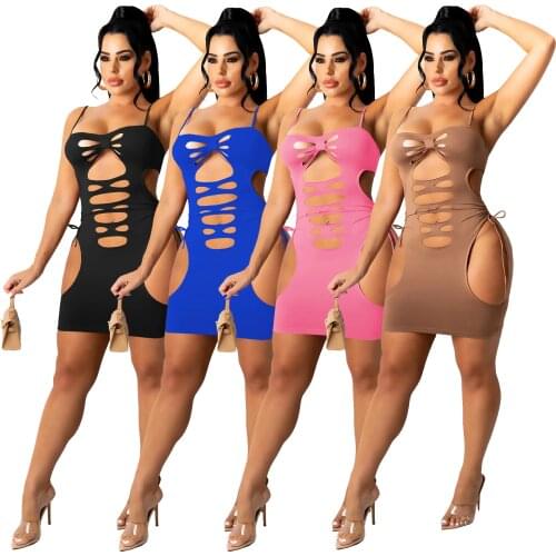 Sexy Hole Lace Up Ruched Mini Summer Dress for Women 2021 Spaghetti Strap Hollow Out Bandage Clubwear Dress Outfits Clothing