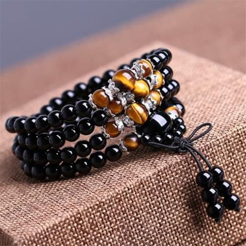 108 Beads Obsidian Beaded Prayer Mala Bracelet Men Buddhist Buddha Meditation Tiger Eye Stone And Wood Rosary Bracelet Women Top