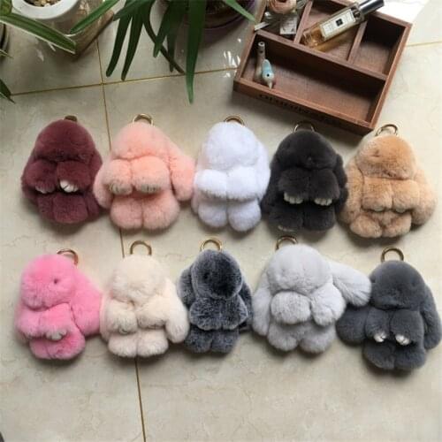 18CM Big size Fluffy Rex Rabbit Fur Keychain Fur bunny Women Bags Pendant Pom Pom Keyring Car Key Metal ring Kids Gifts Soft Toy