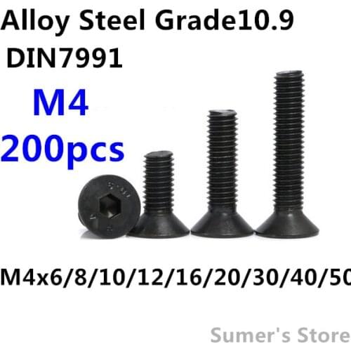 200pcs/lot DIN7991 M4 Alloy Steel Hex Socket Flat Head Cap Screw M4*6/8/10/12/16/20/25/30/35/40/45/50mm black countersunk screw