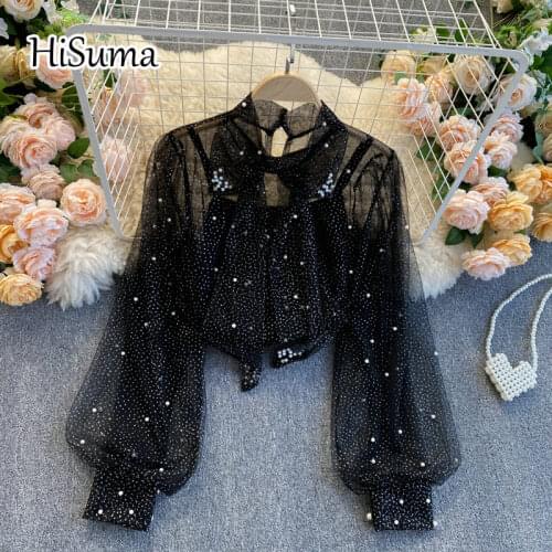 2021 spring new female bow beading lantern sleeve gauze bling shirt womens chic slim mesh blouses women sweet shirts