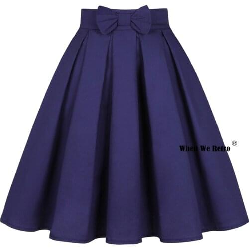 2021 Women Solid Color Bow Cotton Navy Blue Skirt SS0012 50s 60s Hepburn High Waist Vintage Retro egirl Skater Pleated Skirt