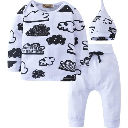 Newborn Toddler Baby Boys Girls Clothes Long Sleeve Cloud Print T Shirt Tops+Pants and Hat 3Pcs Outfits Set Infant Clothing Suit
