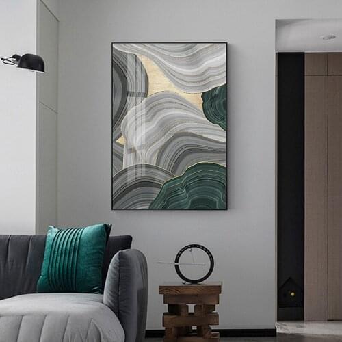 Abstract Grey Green Gold Foil Annual Ring Canvas Art Modern Marble Poster Luxury Wall Picture for Living Room 3D Place Tableau